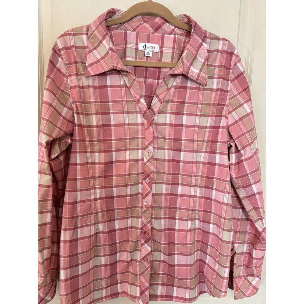Denim & Co Shirt Womens XL Plaid Pink Cream Roll Tab Long Sleeve Button Up QVC